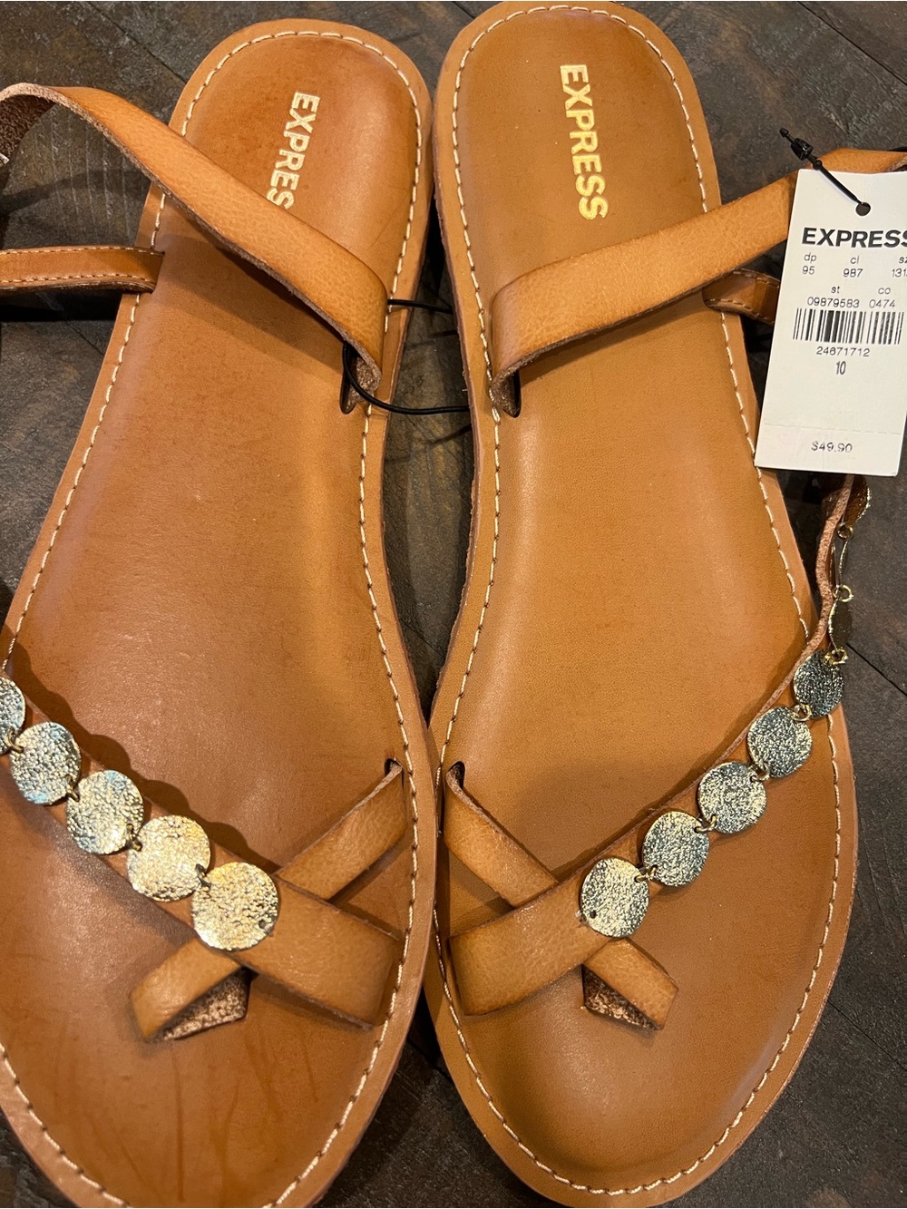 2 Pairs Express Women's Tan Leather Sandals with Gold Disc Accents